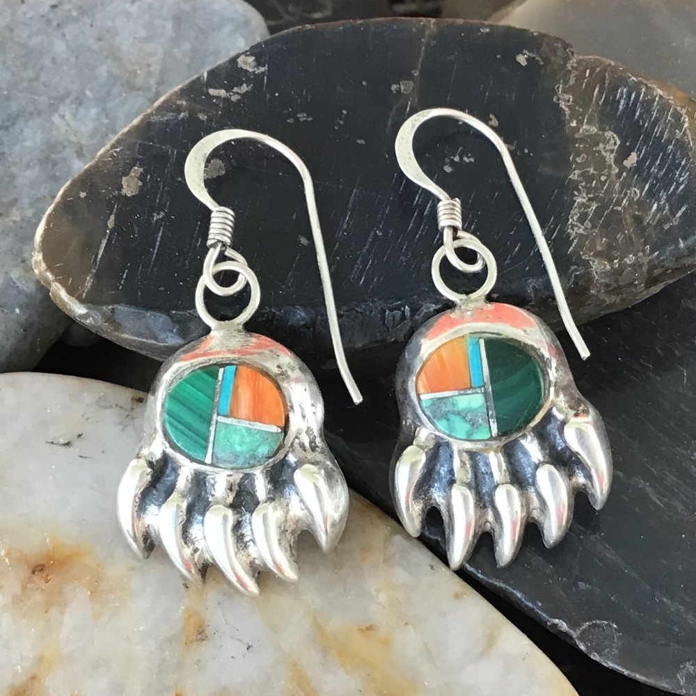 Sterling Silver Vintage Drop Navajo Earrings Southwest Vibe Bear Claw